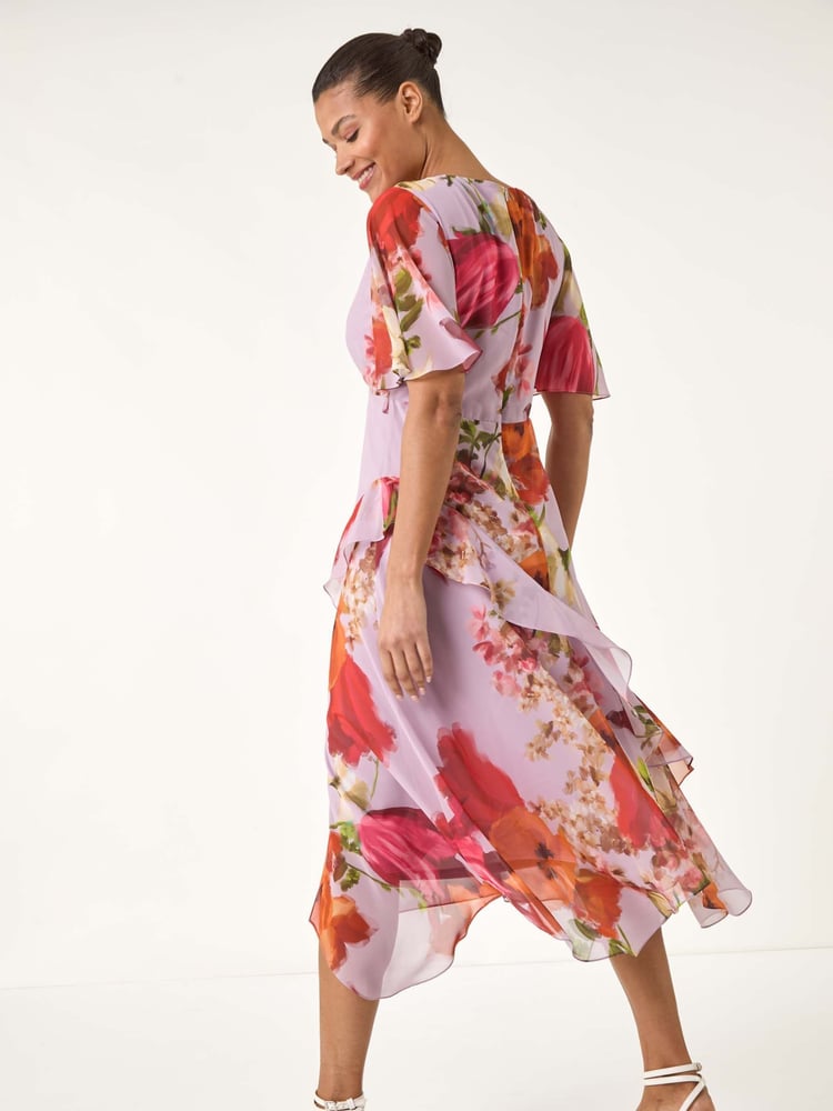 Roman Pink Floral Painted Frill Midi Dress - Image 2 of 5