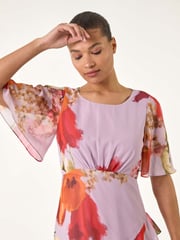 Roman Pink Floral Painted Frill Midi Dress - Image 4 of 5