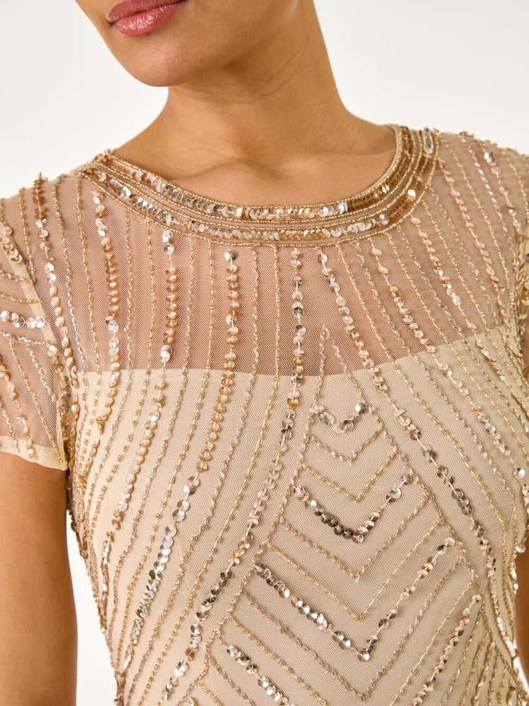 Roman Natural Embellished Sheer Detail Shift Dress - Image 5 of 5