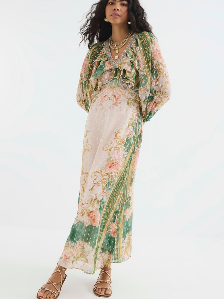 River Island Pink V-Neck Ruffle Maxi Dress - Image 1 of 4