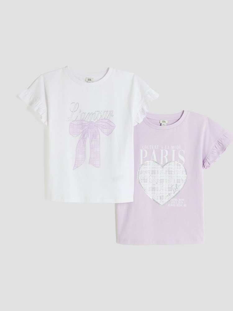 River Island Purple Girls Frill 100% Cotton T-Shirts 2 Pack - Image 1 of 4