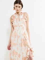 French Connection Pink Elko Jaquard Flutted Midi Dress - Image 1 of 4