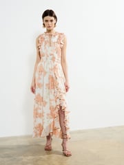 French Connection Pink Elko Jaquard Flutted Midi Dress - Image 2 of 4