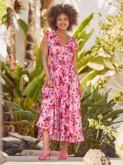 Joe Browns Pink Petite Sequin Embellished Shirred Waist Floral Maxi Dress - Image 1 of 8