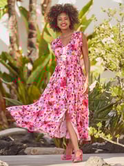 Joe Browns Pink Petite Sequin Embellished Shirred Waist Floral Maxi Dress - Image 6 of 8