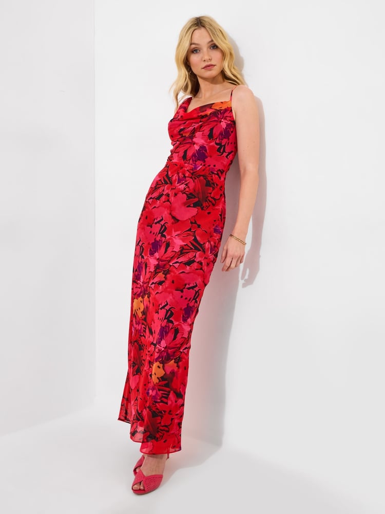 Joe Browns Red Petite Bold Statement Floral Asymmetric Bodycon Maxi Dress - Image 2 of 7