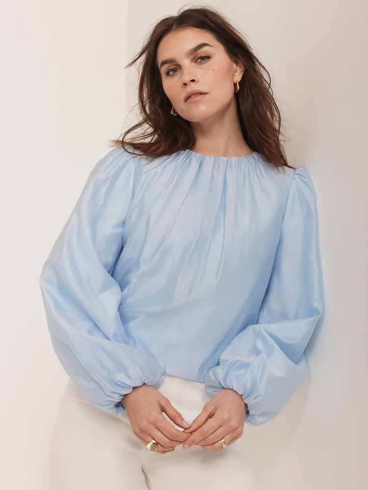 Mint Velvet Blue Sheer Puff Sleeve Blouse - Image 1 of 8