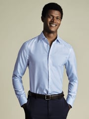 Charles Tyrwhitt Blue Slim Fit Slim Fit Non-Iron Check Cotton Linen Shirt - Image 1 of 6