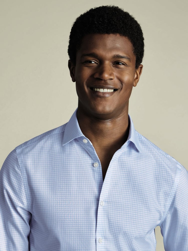 Charles Tyrwhitt Blue Slim Fit Slim Fit Non-Iron Check Cotton Linen Shirt - Image 2 of 6