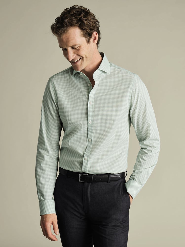 Charles Tyrwhitt Green Slim Fit Slim Fit Non-Iron Cutaway Collar Gingham 100% Cotton Shirt - Image 1 of 6