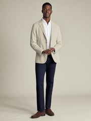Charles Tyrwhitt Natural Classic Fit Stripe Stretch Washed Oxford Collarless 100% Cotton Jacket - Image 4 of 5