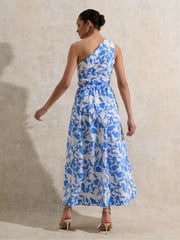 Ro&Zo Blue Aubrey Leaf Printed One Shoulder 100% Cotton Dress - Image 6 of 6
