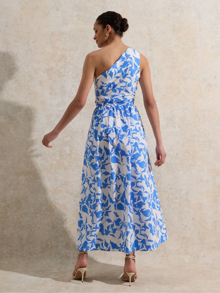 Ro&Zo Blue Aubrey Leaf Printed One Shoulder 100% Cotton Dress - Image 6 of 6