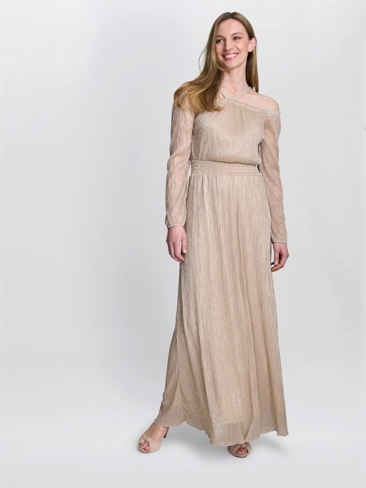 Gina Bacconi Gold Sylvia Metallic Off The Shoulder Dress - Image 1 of 5