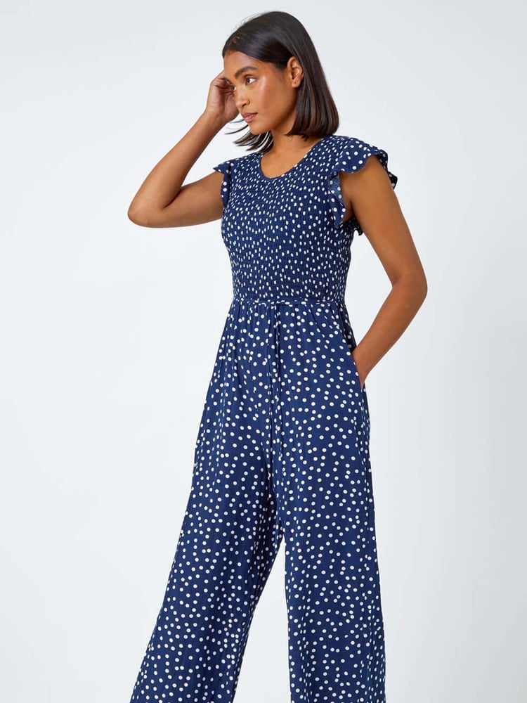 Roman Blue Polka Dot Shirred Jumpsuit - Image 2 of 5