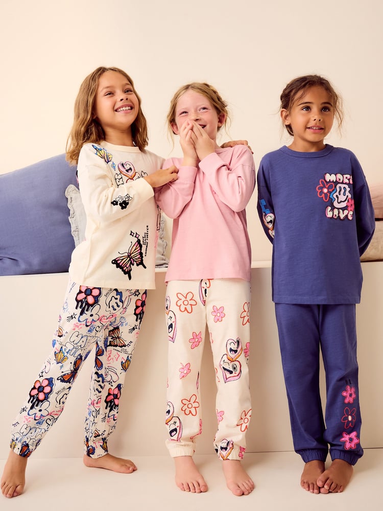 Pink/Cream 100% Cotton Joggers Pyjamas 3 Pack (3-16yrs) - Image 2 of 14