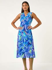 Roman Blue Floral Print Wrap Chiffon Midi Dress - Image 1 of 5