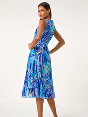 Roman Blue Floral Print Wrap Chiffon Midi Dress - Image 3 of 5