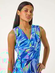 Roman Blue Floral Print Wrap Chiffon Midi Dress - Image 4 of 5