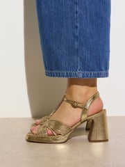 Oliver Bonas Gold Tone Metallic Fan Leather Platform Heeled Sandals - Image 1 of 7