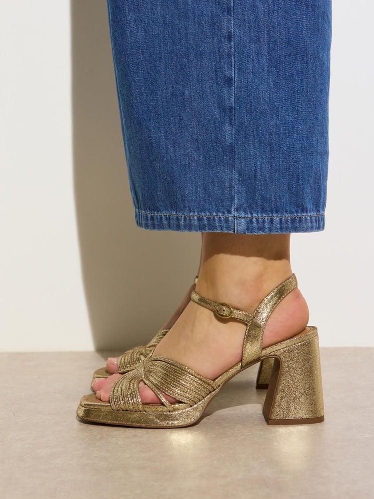Oliver Bonas Gold Tone Metallic Fan Leather Platform Heeled Sandals - Image 1 of 7