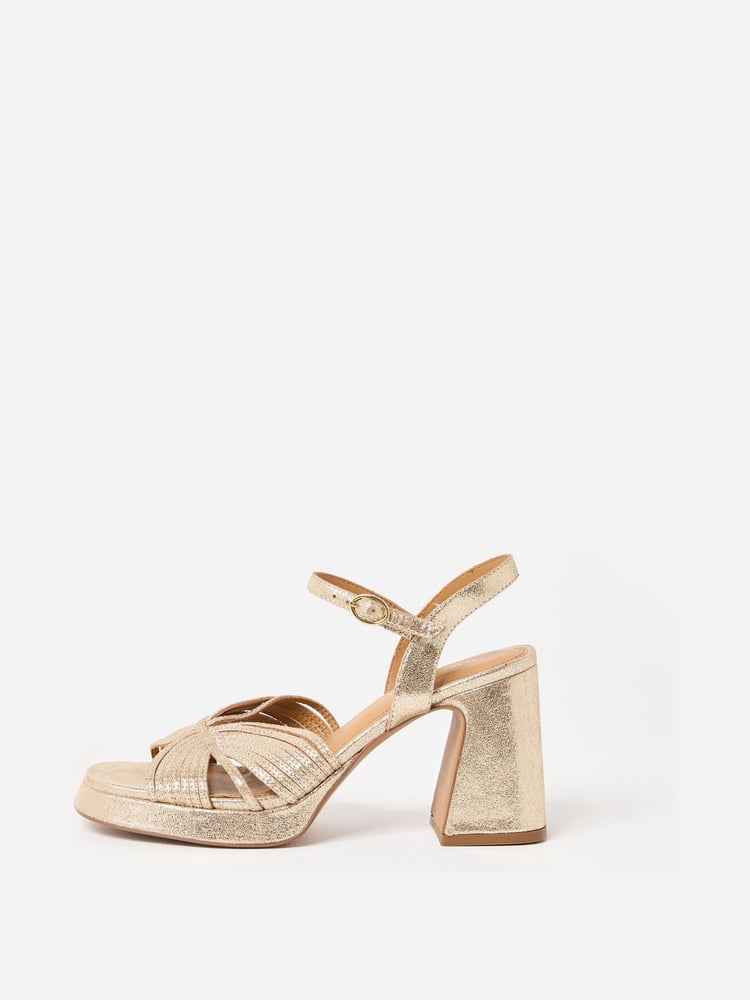 Oliver Bonas Gold Tone Metallic Fan Leather Platform Heeled Sandals - Image 2 of 7 Oliver Bonas Gold Tone Metallic Fan Leather Platform Heeled Sandals - Image 2 of 7