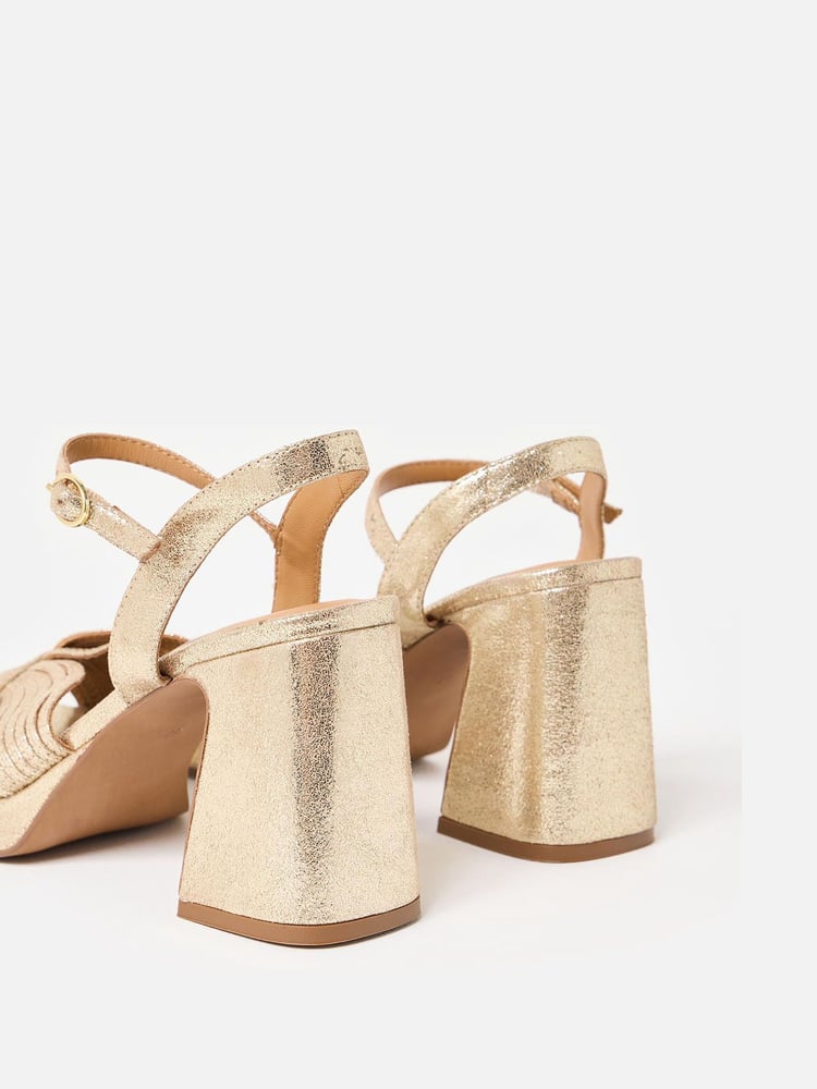 Oliver Bonas Gold Tone Metallic Fan Leather Platform Heeled Sandals - Image 7 of 7 Oliver Bonas Gold Tone Metallic Fan Leather Platform Heeled Sandals - Image 7 of 7