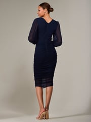 Jolie Moi Blue Long Sleeve Ruched Mesh Midi Dress - Image 3 of 6