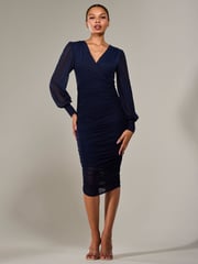Jolie Moi Blue Long Sleeve Ruched Mesh Midi Dress - Image 4 of 6