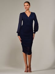 Jolie Moi Blue Long Sleeve Ruched Mesh Midi Dress - Image 5 of 6