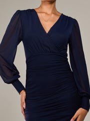 Jolie Moi Blue Long Sleeve Ruched Mesh Midi Dress - Image 6 of 6