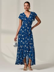Jolie Moi Blue Floral Ruffle Hem Maxi Dress - Image 2 of 3
