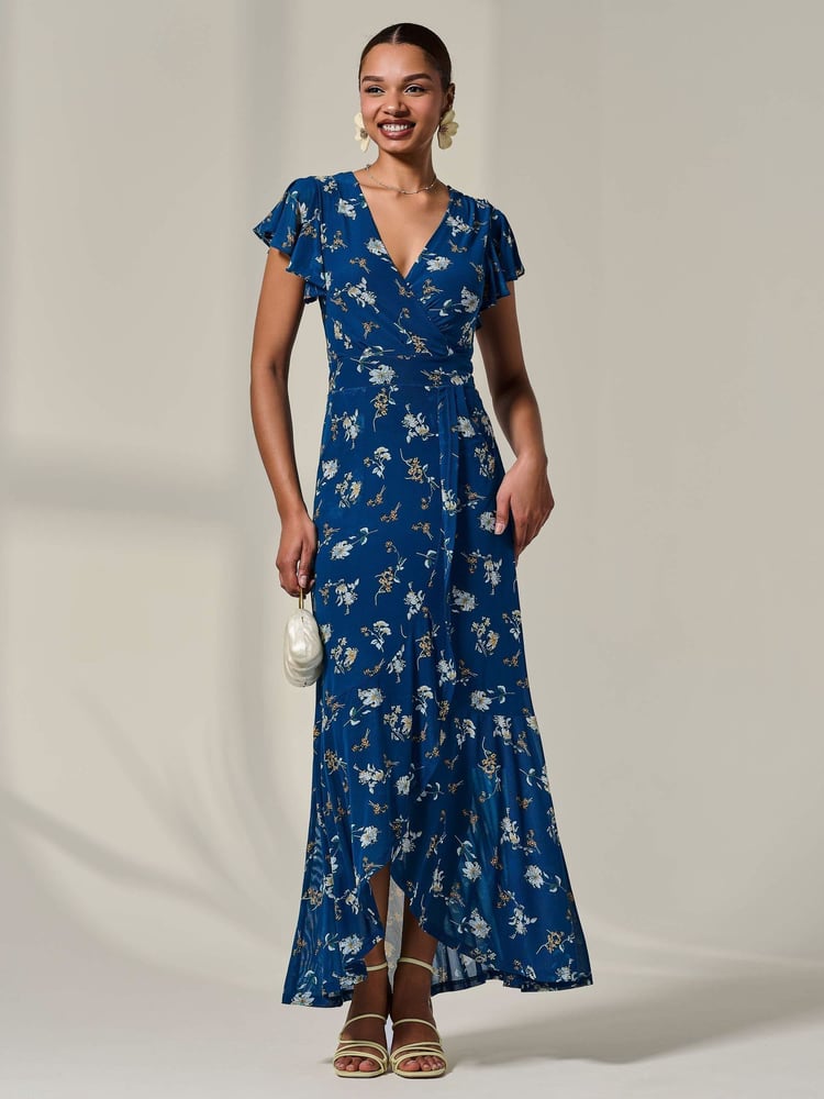 Jolie Moi Blue Floral Ruffle Hem Maxi Dress - Image 3 of 3