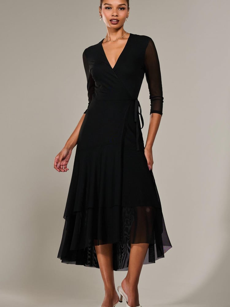Jolie Moi Black Mesh Wrap Midaxi Dress - Image 1 of 6
