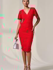 Jolie Moi Red Ruched Mesh Bodycon Dress - Image 1 of 3