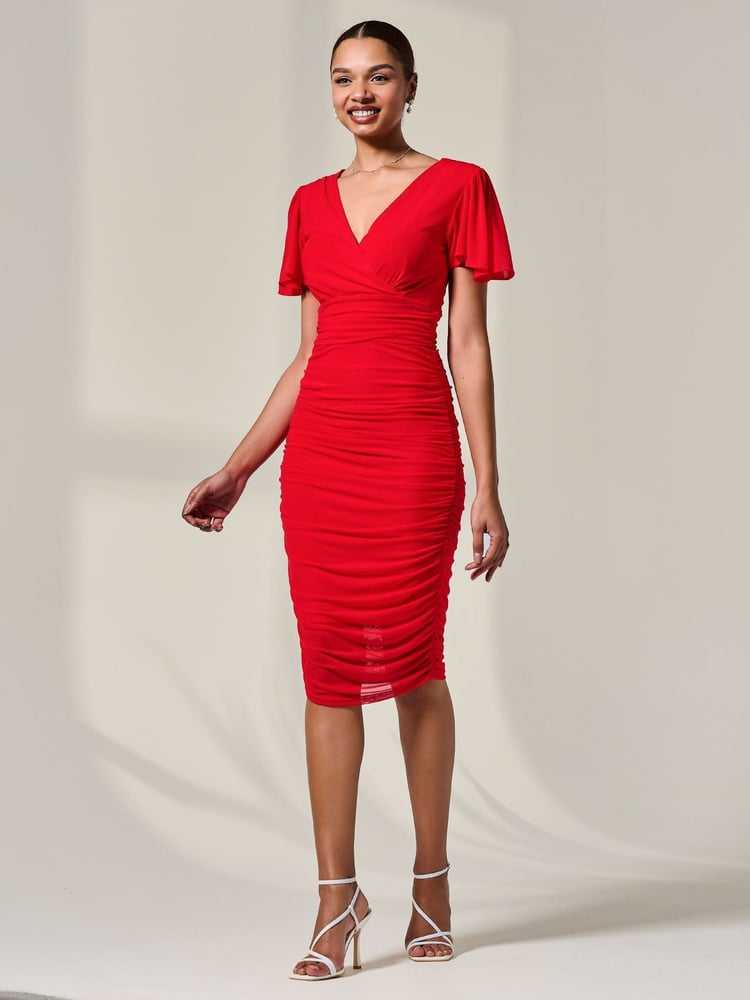 Jolie Moi Red Ruched Mesh Bodycon Dress - Image 2 of 3
