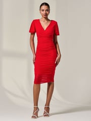 Jolie Moi Red Ruched Mesh Bodycon Dress - Image 3 of 3