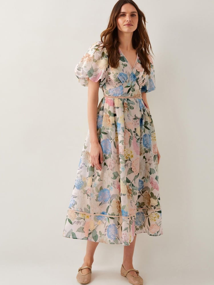Monsoon Pink Agnes Floral Puff Sleeve Midi Dress - Image 1 of 5