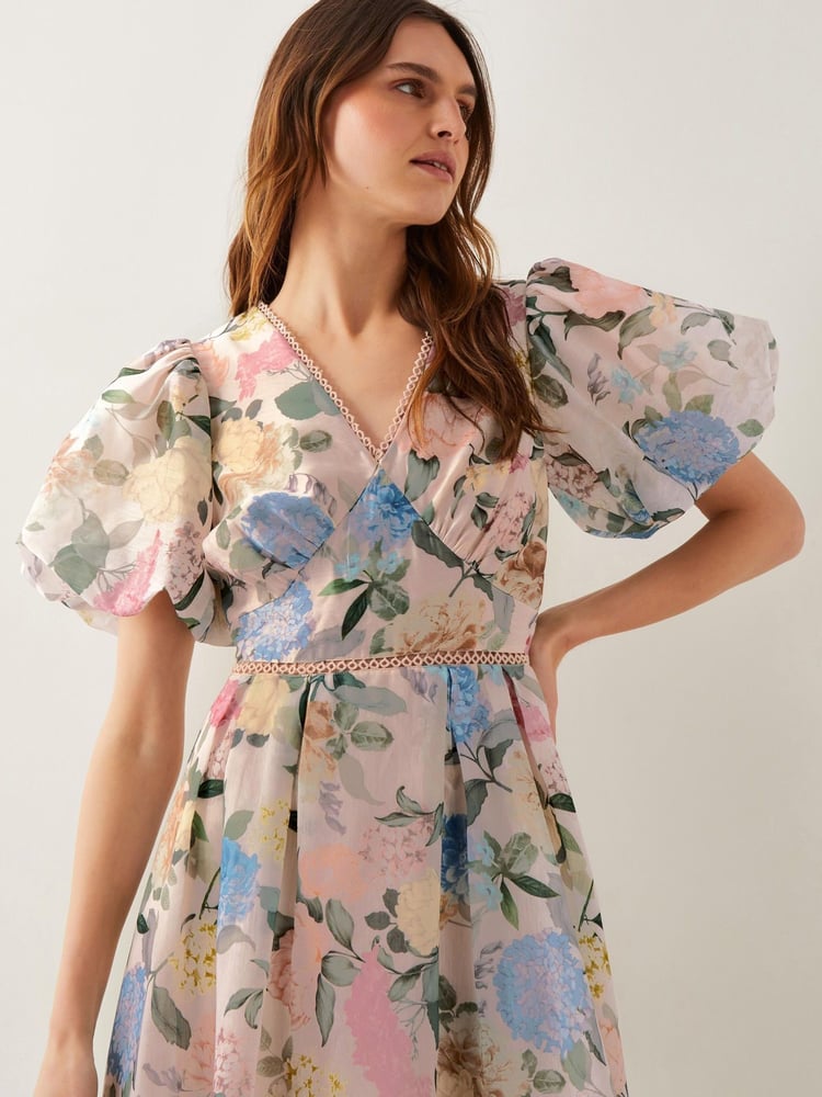 Monsoon Pink Agnes Floral Puff Sleeve Midi Dress - Image 2 of 5