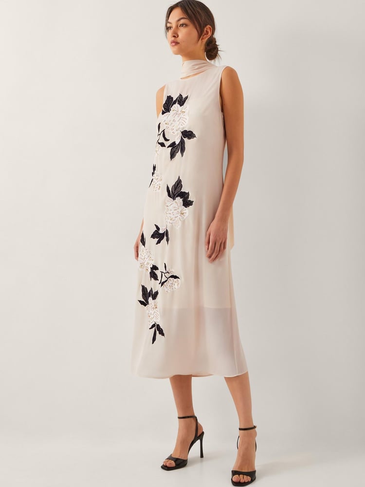 Monsoon Cream Ari Floral Embellished Midi Dress - Image 1 of 4