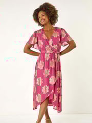 Roman Pink Jacquard Midi Wrap Dress - Image 1 of 5