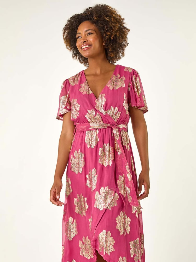 Roman Pink Jacquard Midi Wrap Dress - Image 2 of 5