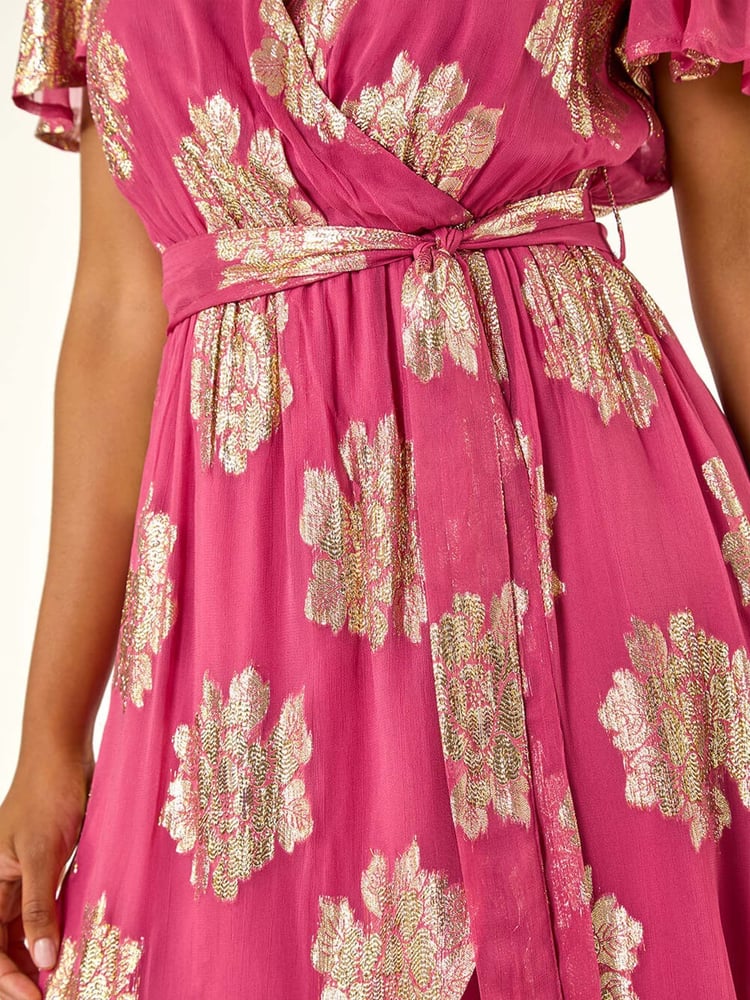 Roman Pink Jacquard Midi Wrap Dress - Image 5 of 5