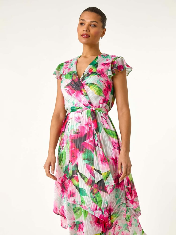 Roman Pink Floral Ruffle Tie Waist Midi Dress - Image 1 of 5
