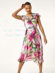Roman Pink Floral Ruffle Tie Waist Midi Dress - Image 2 of 5