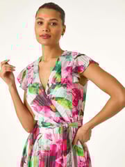Roman Pink Floral Ruffle Tie Waist Midi Dress - Image 4 of 5
