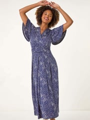 Roman Blue Spot Print Wrap Midi Dress - Image 1 of 5
