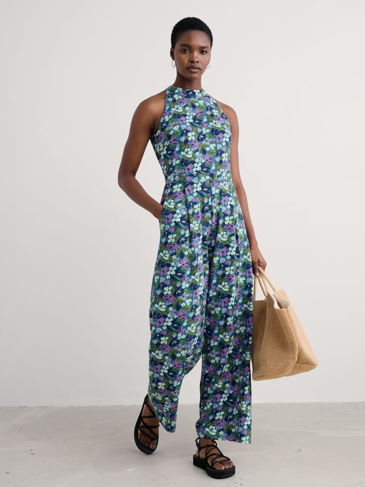 Seasalt Cornwall Light Blue Belyars Jersey Tie Neck Jumpsuit - Image 1 of 5
