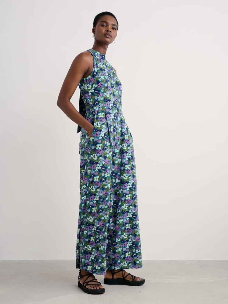 Seasalt Cornwall Light Blue Belyars Jersey Tie Neck Jumpsuit - Image 2 of 5