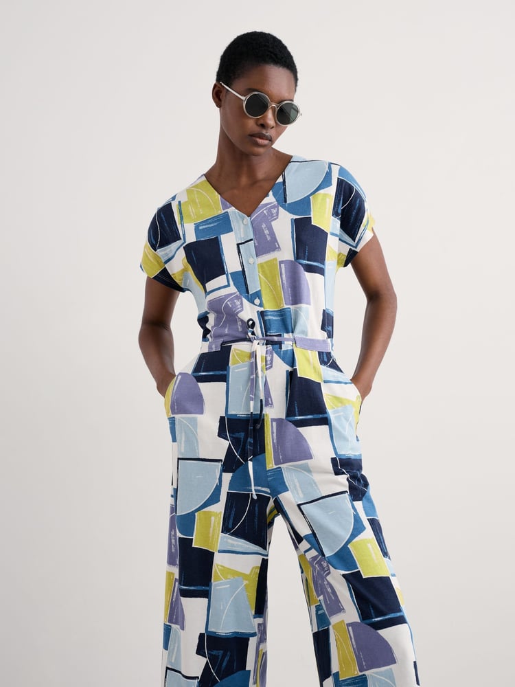 Seasalt Cornwall Denim Blue Rose Trellis Wide Leg Jumpsuit - Image 1 of 5 Seasalt Cornwall Denim Blue Rose Trellis Wide Leg Jumpsuit - Image 1 of 5